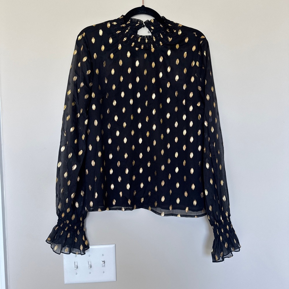 Pomander Place Black Gold Metallic Foil Clip Dot Smocked Mock Neck Blouse Medium